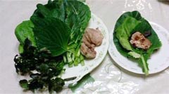 小松菜、大葉と茹で豚の手巻きサラダ